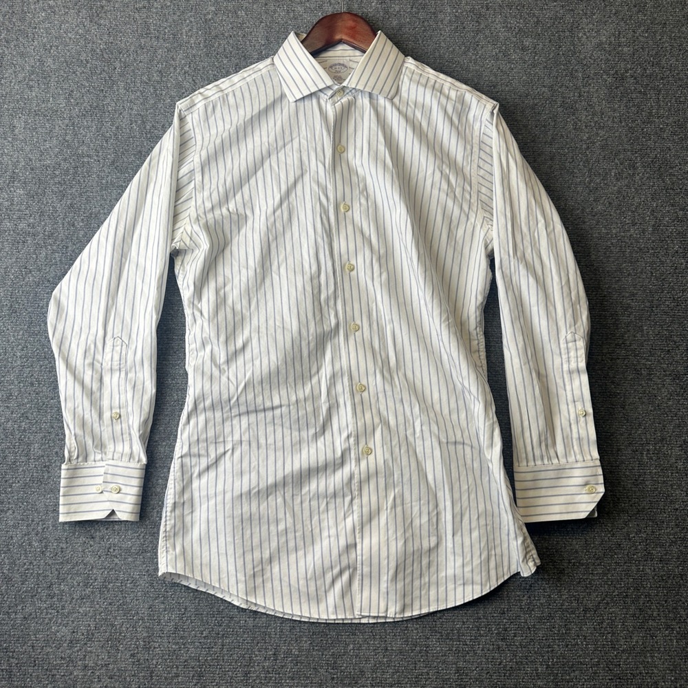 Brooks Brothers 346 Dress Shirt Mens 16-32 White Blue Striped Slim Fit Non Iron